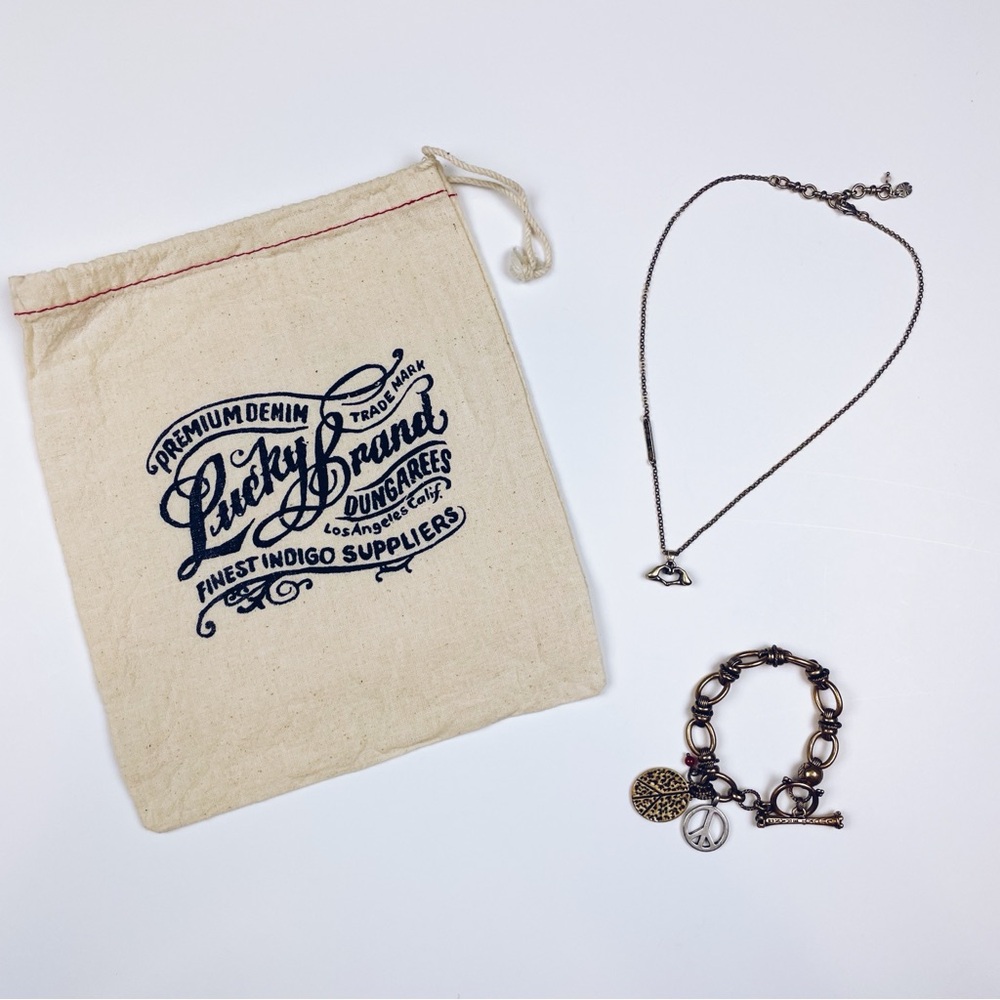 Lucky Brand Antique Gold Heart Necklace & Peace Sign Charm Bracelet Jewelry Set